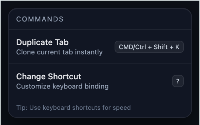 TwinTab popup showing the Duplicate Tab command and its keyboard shortcut