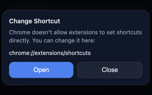 TwinTab dialog explaining how to change the keyboard shortcut in Chrome